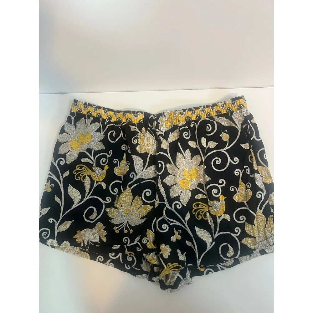 Vera Bradley Womens Pajama Shorts Medium Black Yellow Floral Bird 100% Cotton